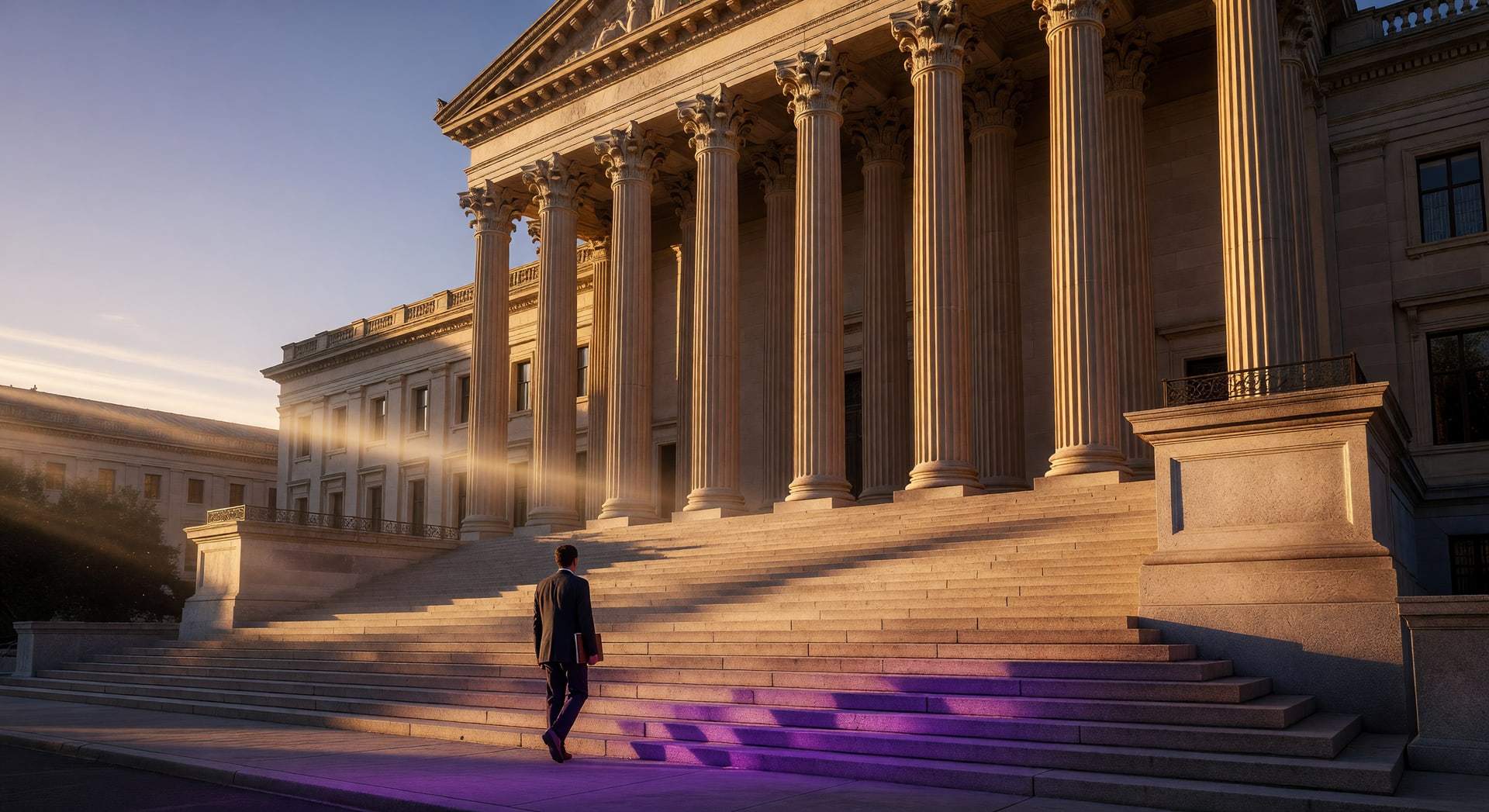 Federal courthouse exterior at golden hour