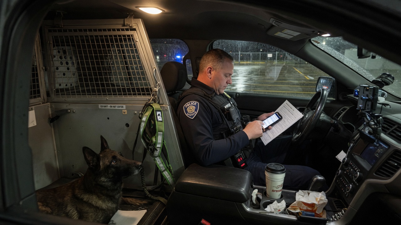 Handler logging from the patrol vehicle with K9 in the kennel