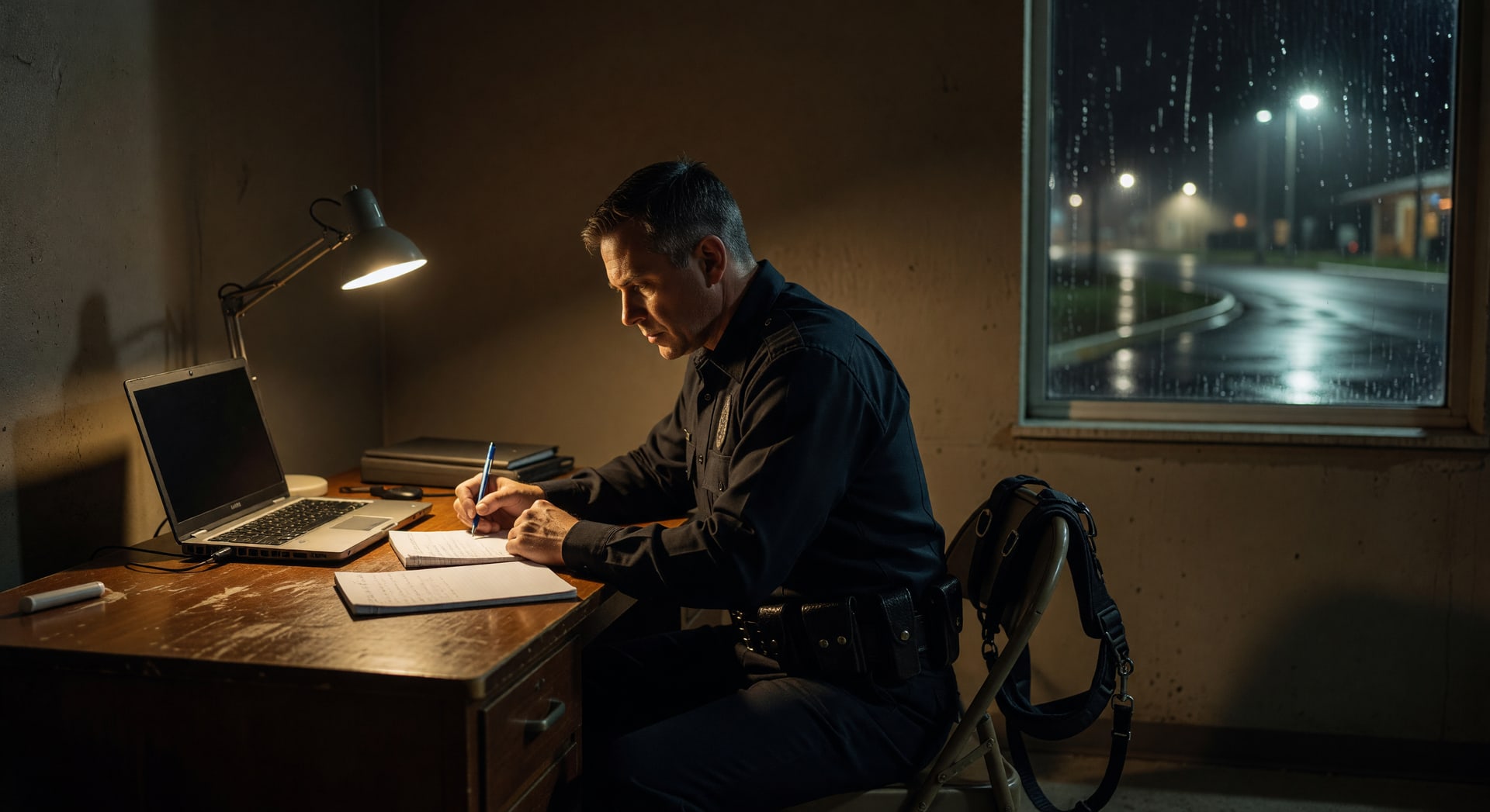 K9 handler writing a deployment report late at night