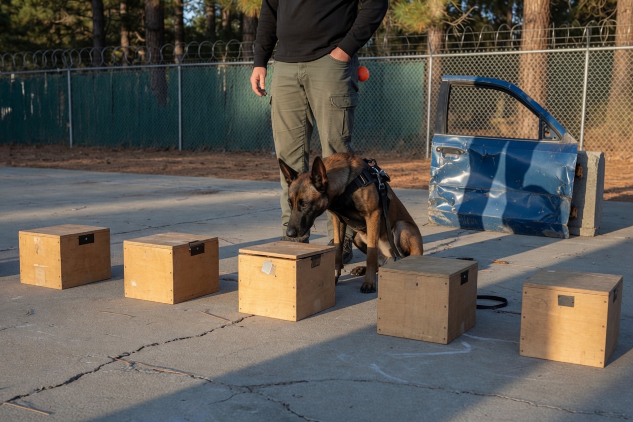 Malinois indicating on a scent box during a detection training setup